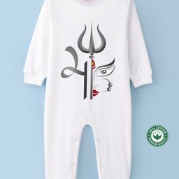 BLUSHES Navaratri Theme 100% Cotton Full Sleeves Maa Text With Trident Printed Romper - White-picture-13
