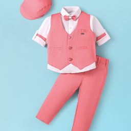 Rikidoos Full Sleeves Solid Shirt With Waistcoat Pant Cap & Bow Set - Red & White-picture-40
