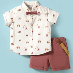 ToffyHouse Poplin Woven Half Sleeves Vehicle Printed Shirt & Shorts With Bow & Suspender - White & Maroon image 1