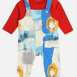 MINI KLUB Cotton Abstract Printed Dungaree With Full Sleeves Tee - Red & White-picture-38