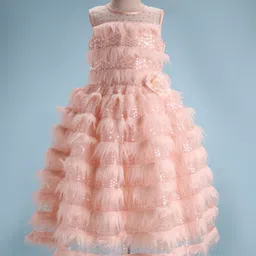 Enfance Sleeveless Floral Applique Sequin Embellished Layered Gown - Peach-image-35