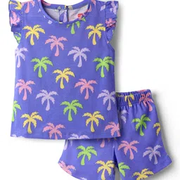 Babyhug Cotton Knit Frill Sleeves Co-ords Shorts Night Suit With Tropical Theme Print - Violet-picture-38