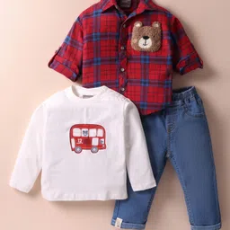 Little Kangaroos Cotton Woven Full Sleeves Sweatshirt Shirt & Jeans Set with Checks Teddy & Vehicle Print - Red White & Blue-picture-24