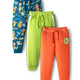 Babyhug Cotton Knit Full Length Lounge Pants with Bear Print & Tape Detailing Pack of 3 - Blue Green & Orange-picture-20