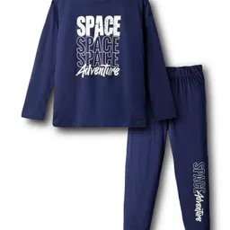 Primo Gino 100% Cotton Knit Full Sleeves Night Suit With Text Print - Navy Blue-picture-13