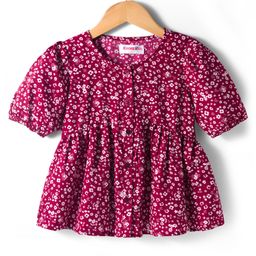 kookie kids india Kookie Kids Woven Half Sleeves Front Open Peplum Top with Floral Prints - Maroon-picture-37