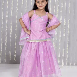 KID1 Net Woven Sleeveless Floral Embroidered & Gota Lace Embellished Kurti Lehenga With Dupatta Set - Purple-picture-13