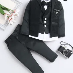 Fourfolds Jacquard Woven Full Sleeves Floral Textured 3 Piece Party Suit With Bow Set - Black-image-26