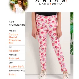 arias by lara dutta Arias Cotton Modal Stretch Rib Knit Printed Legging With Side Pocket and Paper Bag Waist-Pink image 2