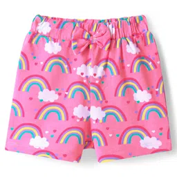Babyhug Single Jersey Knit Mid Thigh Shorts With Heart & Rainbow Print & Bow Applique Pack of 2 - Pink & Navy Blue image 2