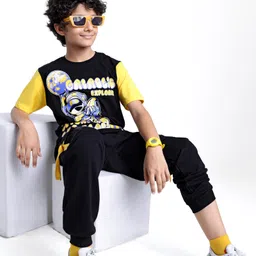 OLLINGTON ST. Cotton Knit Half Sleeves Front & Back Space Theme Printed T-Shirt & Knit Joggers Set - Multicolor & Navy image 2