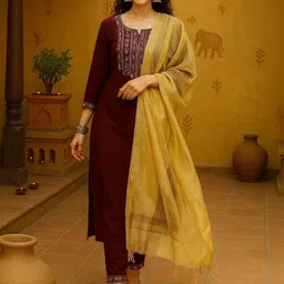 Tulsattva Women Ethnic Motifs Embroidered Regular Thread Work Kurta with Trousers & With Dupatta image 4