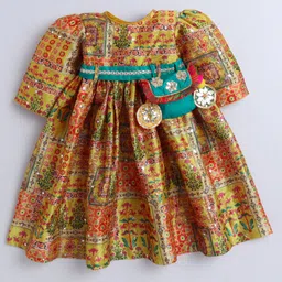 TINY MINY MEE Silk Half Mutton Leg Sleeves Floral Printed Mirror Work Detailed Dress With Headband & Pouch Attached Belt - Multi Colour image 4