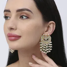 Anouk Gold-Plated Kundan Beaded and Pearls Studded Crescent shaped Drop Earrings image 2