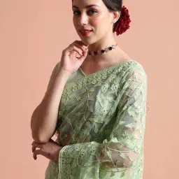 Jaipur Kurti Green Embroidered Saree With Unstitched Blouse image 4
