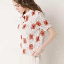 Vero Moda Beige & Orange Cotton Self Design Polo T-Shirt image 4