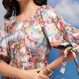 CORSICA Floral Print Gathered Detail Puff Sleeves Fit & Flare Maxi Dress image 3