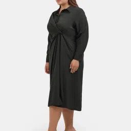 VIRGIO Olive Flared Fit Solid Dress image 4