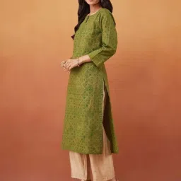 Fabindia Green Cotton Slim Fit Block Printed Long Kurta image 4