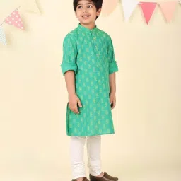 Fabindia Kids Green Cotton Regular Fit Printed Kurta image 4