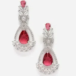 Zeneme Rhodium Plated Silver Toned Red AD Crystal Drop Earrings image 4
