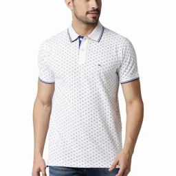 Basics White Muscle Fit Printed Polo T-Shirt-image-100