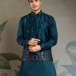 ODETTE Men Teal Blue Embroidered Stitched Kurta-image-71