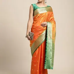 House Of Begum Orange Banarasi Katan Silk Saree With Buti Work With Blouse Piece-image-5