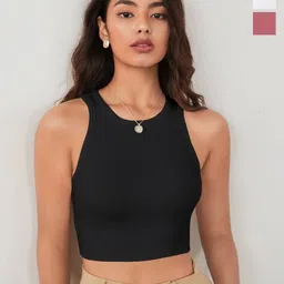 BAESD Women Pack of 3 Round Neck Ribbed Tank Crop Top-image-78
