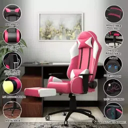 REKART Ergonomic Adjustable Revolving Office, Gaming Chair With Footrest (RGCF-4) Pink & White image 4