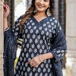 Moda Rapido Floral Printed V Neck Pure Cotton Kurta With Trousers & Dupatta image 3