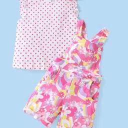 Babyhug 100% Cotton Single Jersey Knit Dungaree With Sleeveless Inner T-Shirt With Floral Print - Pink & White-picture-11