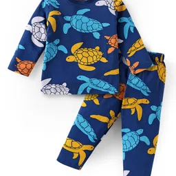 Babyhug Cotton Knit Full Sleeves Night Suit With Turtle Print - Navy Blue-image-98