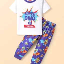 Babyhug Cotton Knit Half Sleeves Night Suit with Dino Print - White & Blue-picture-12
