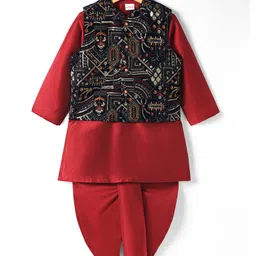 Babyhug Woven Full Sleeves Dhoti & Kurta Set With Embroidered Jacket - Red & White-picture-12