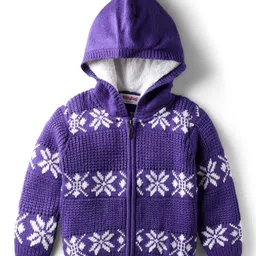 Babyhug Knit Full Sleeves Hooded Front Open Sweater With Floral & Cable Knit Design - Purple-picture-25