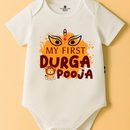 The Peppy Tend 100% Cotton Knit Durga Puja Theme Half Sleeves My First Durga Pooja Text Printed Onesie - White-picture-0