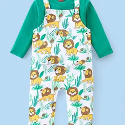 Babyhug Single Jersey Knit Full Length Dungaree with Full Sleeves T-Shirt Text & Animal Print - Sea Green image 2