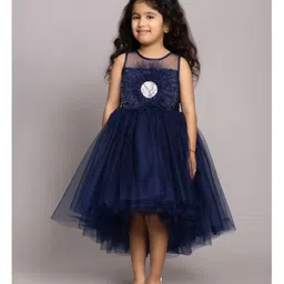 Toy Balloon Kids Net Sleeveless Floral Applique Detailed & Sequins Embellished Layered High Low Dress - Navy Blue image 4