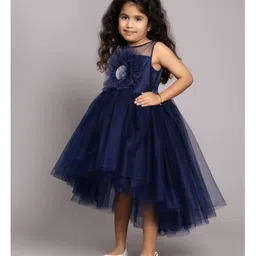 Toy Balloon Kids Net Sleeveless Floral Applique Detailed & Sequins Embellished Layered High Low Dress - Navy Blue image 5