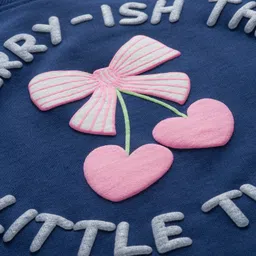 Babyhug Terry Knit Full Sleeves Top & Trouser Set with Cherrish The Little Things Text Print & Bow Applique - Navy Blue image 5