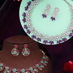 DIVASTRI Set Of 2 Gold & Silver Plated AD-Studded Jewellery Set-picture-17