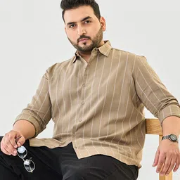 Snitch Plus Size Vertical Striped Spread Collar Cotton Linen Casual Shirt-image-67