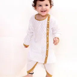 Little Bansi Royal Bengali Style Full Sleeves Embroidery Kurta With Dhoti - White-picture-10