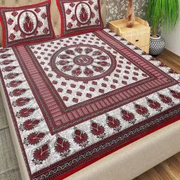 Qfab Red Floral 144 TC Queen Bedsheet with 2 Pillow Covers-picture-31