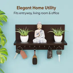 Kuber Industries Brown Mdf Wooden Keychain Holder Wall With 9 Hook Display Shelf Organizer image 4