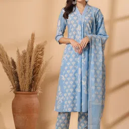 Shangri LA MS Designs Women Floral Regular Mirror Work Pure Cotton Kurta with Trousers & With Dupatta-picture-14
