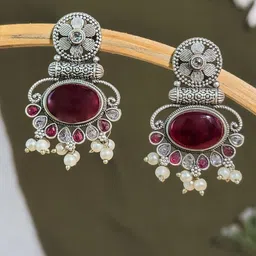NAMAN ARTS Silver-Plated Artificial Studded & Beaded Contemporary Drop Earrings image 1