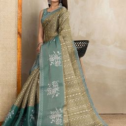 HERE&NOW Green Printed Art Silk Block Print Sarees-picture-16