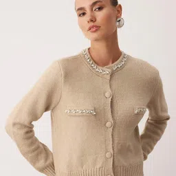 Trendyol Women Round Neck Cardigan with Embellished Detail-image-61
